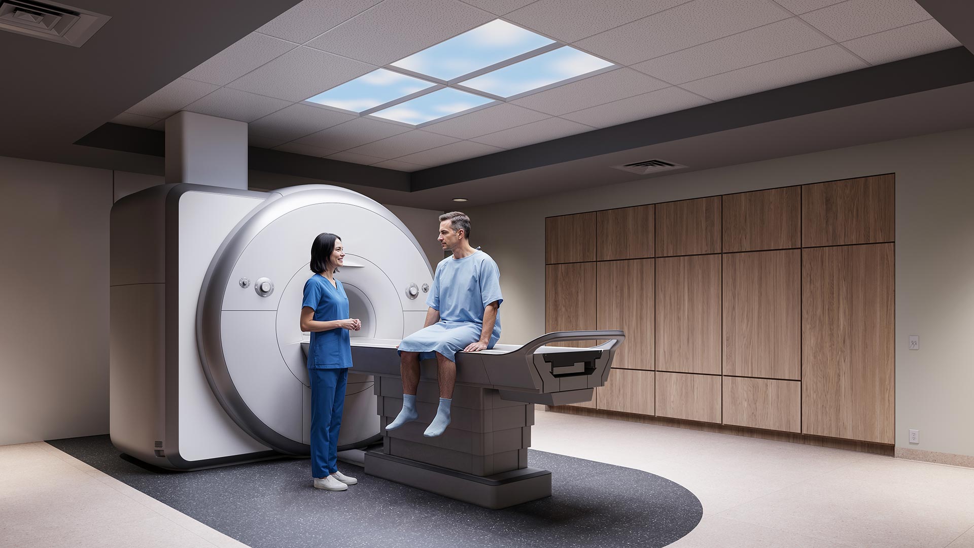 Patient and caregiver in MRI room with Nightingale sky lighting