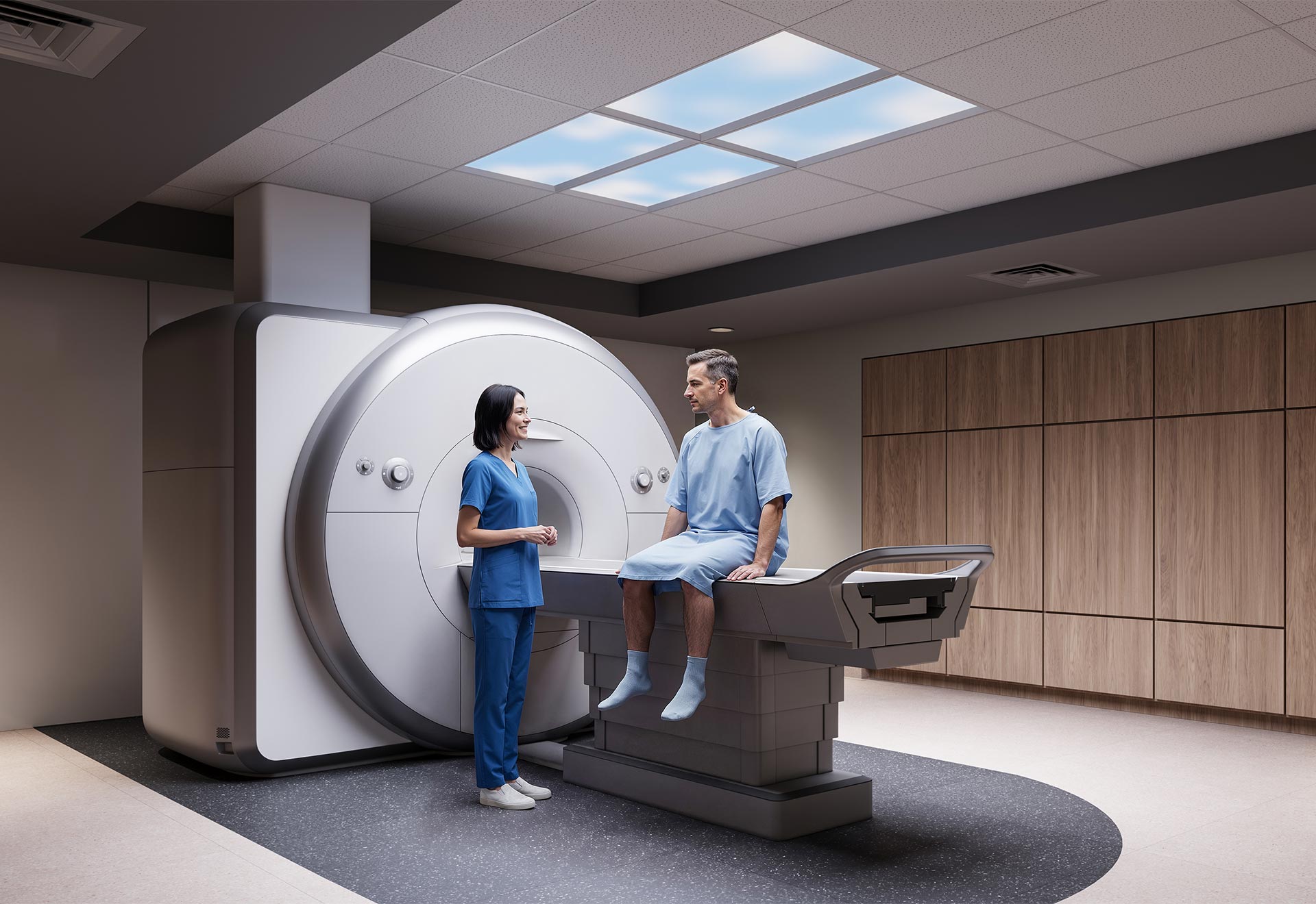 Patient and caregiver in MRI room with Nightingale sky lighting