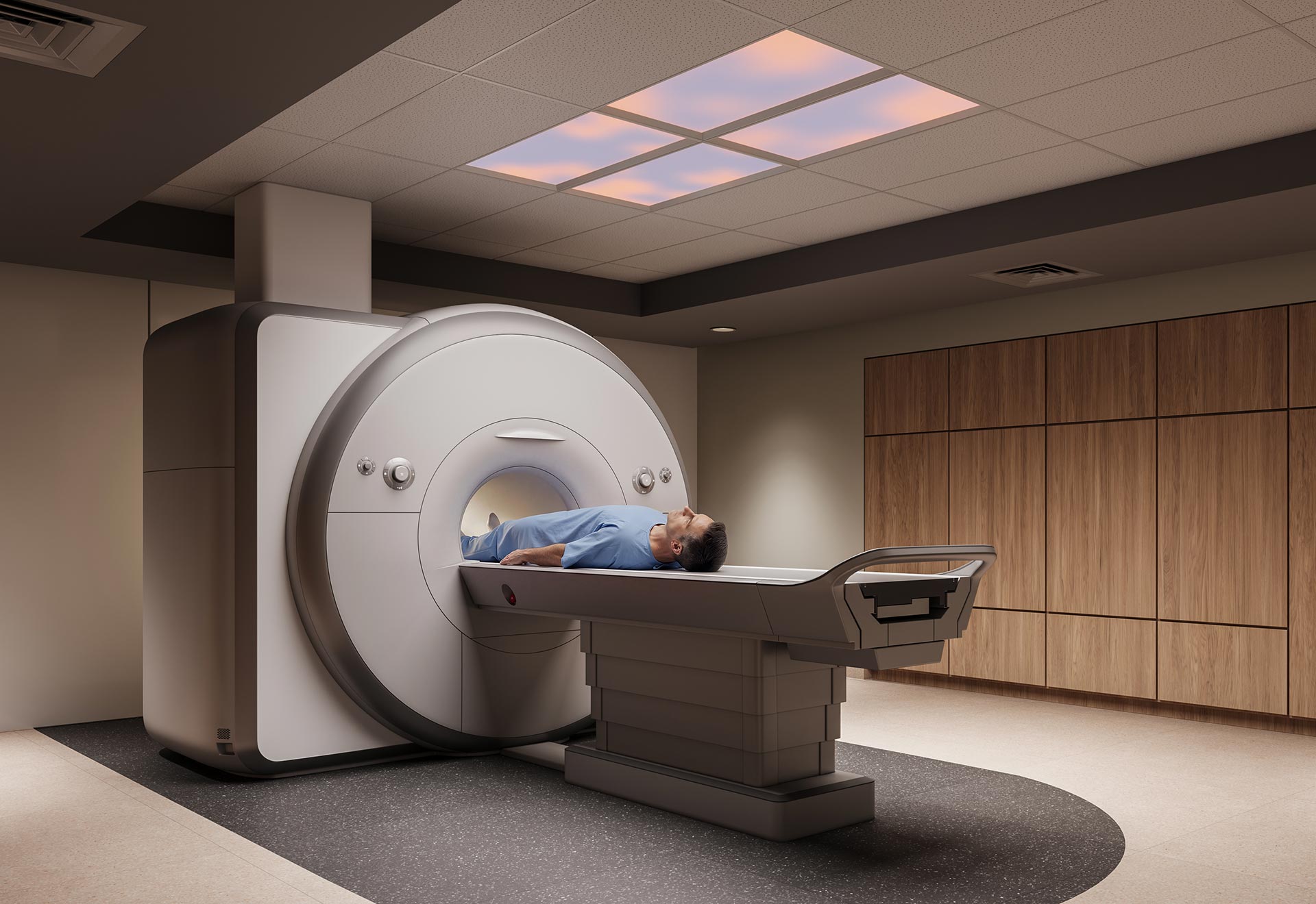 Patient in MRI with Nightingale dimmed sky lighting