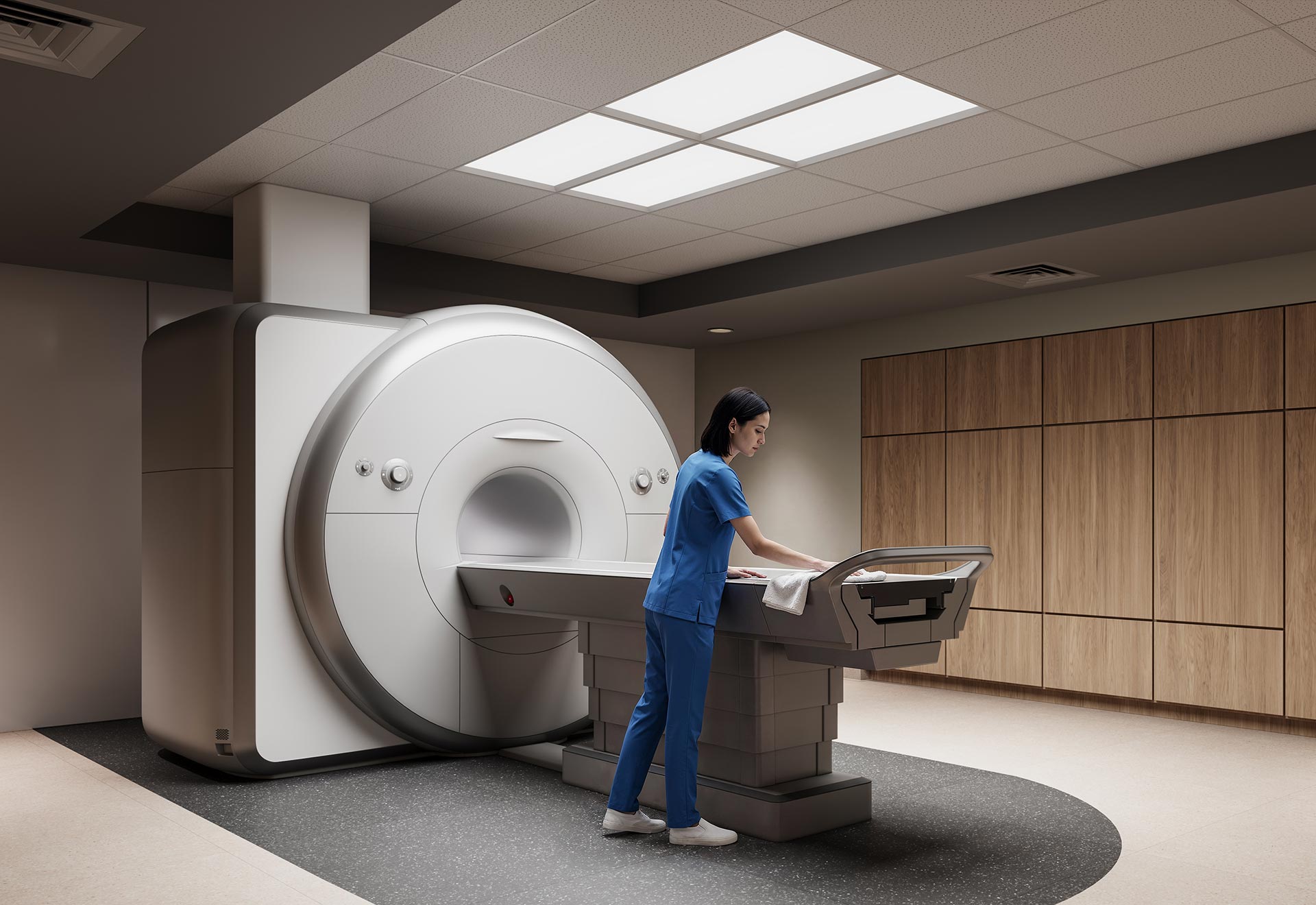 Caregiver in MRI room with Nightingale ambient lighting