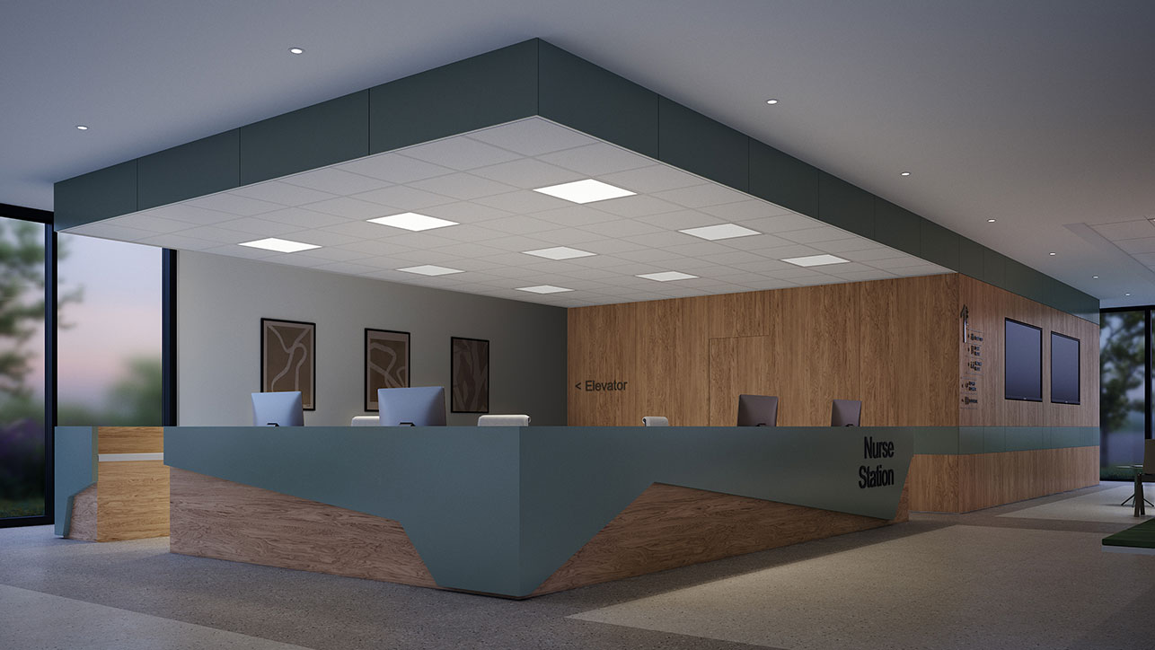 Common area front desk area illuminated by Nightingale