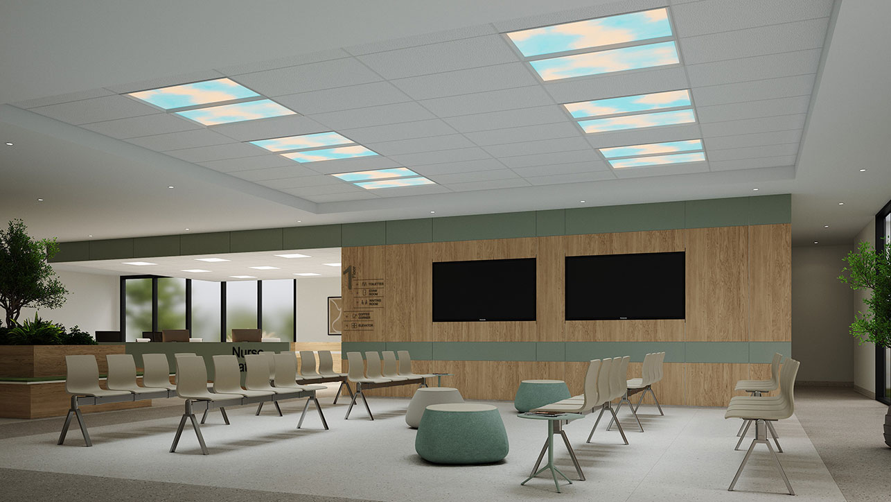 Waiting room in healthcare space with lighting from Nightingale