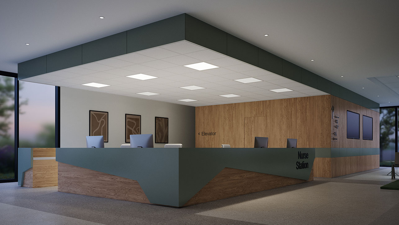 Nurses workstation illuminated by Assist™ medical panels from Nightingale