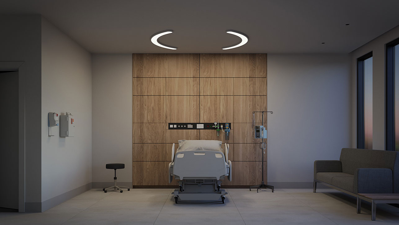 Patient room illuminated by Nightingale ceiling lights