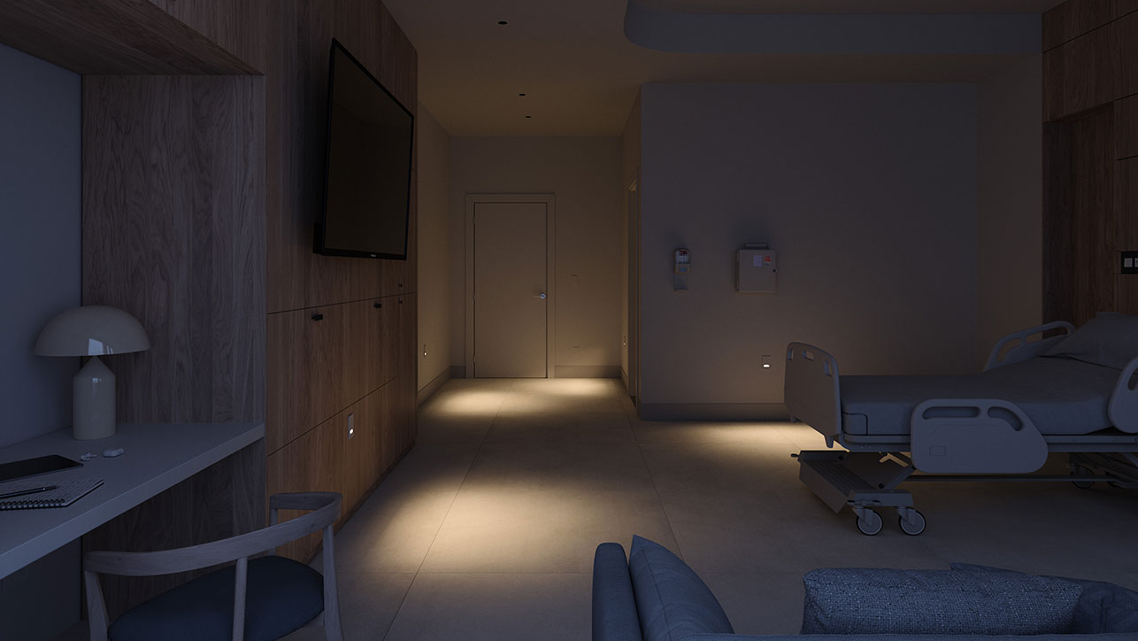 Nighttime view of patient room with Nightingale Assure™ luminaires