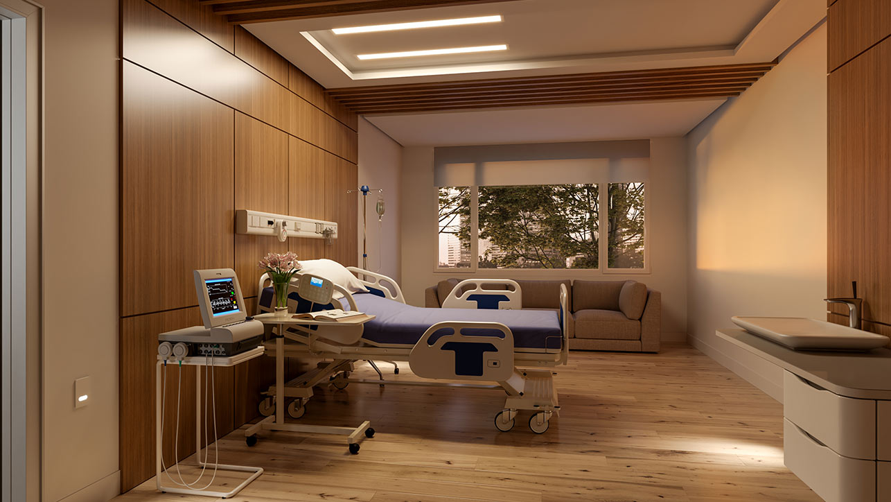 Patient room illuminated at dusk by Nightingale’s Assure™ nightlight